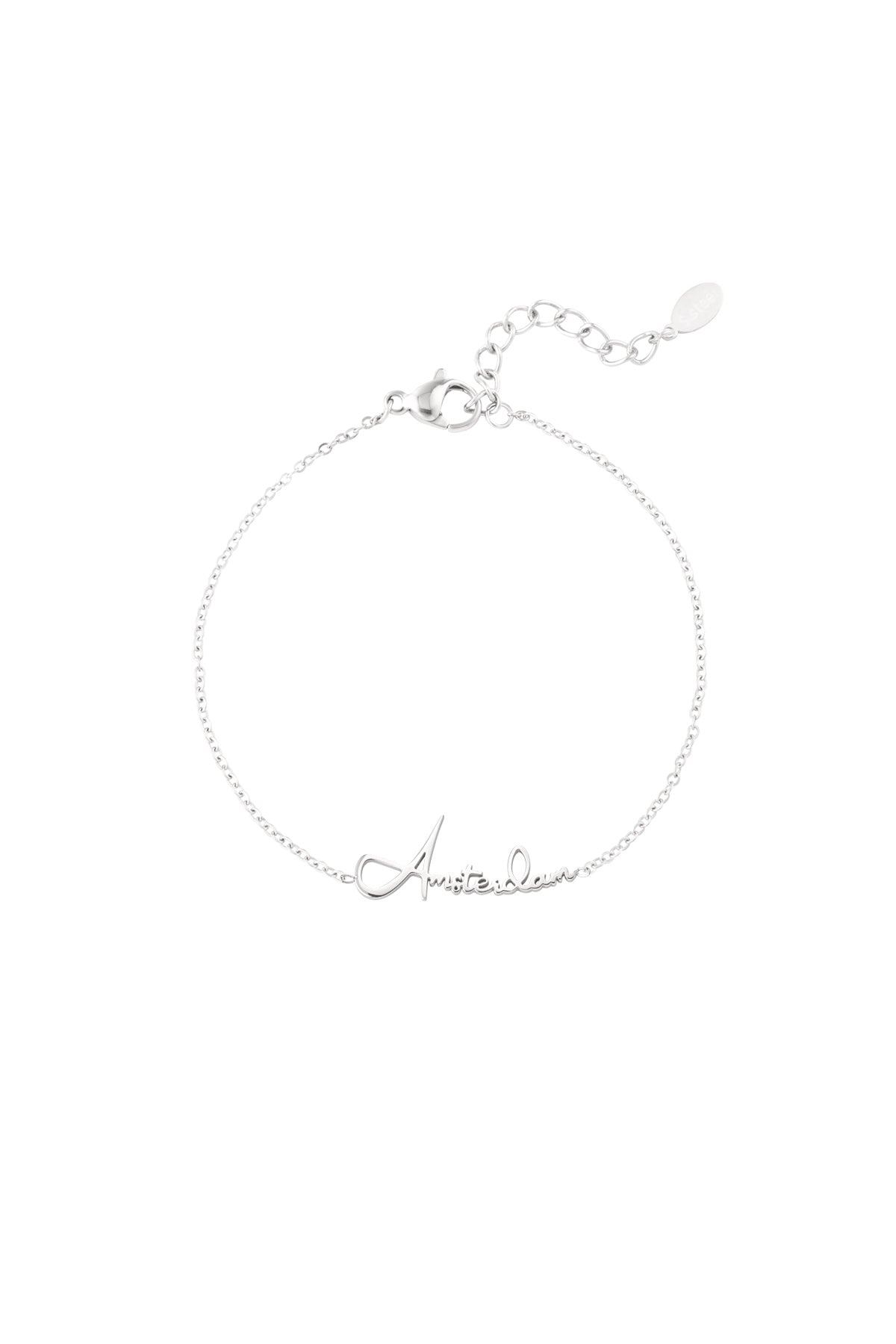 Silver Amsterdam Script Bracelet with fine chain and adjustable clasp on white background