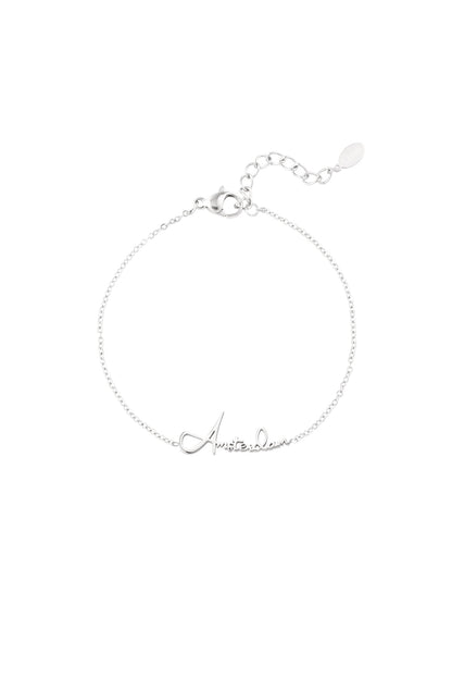 Silver Amsterdam Script Bracelet with fine chain and adjustable clasp on white background