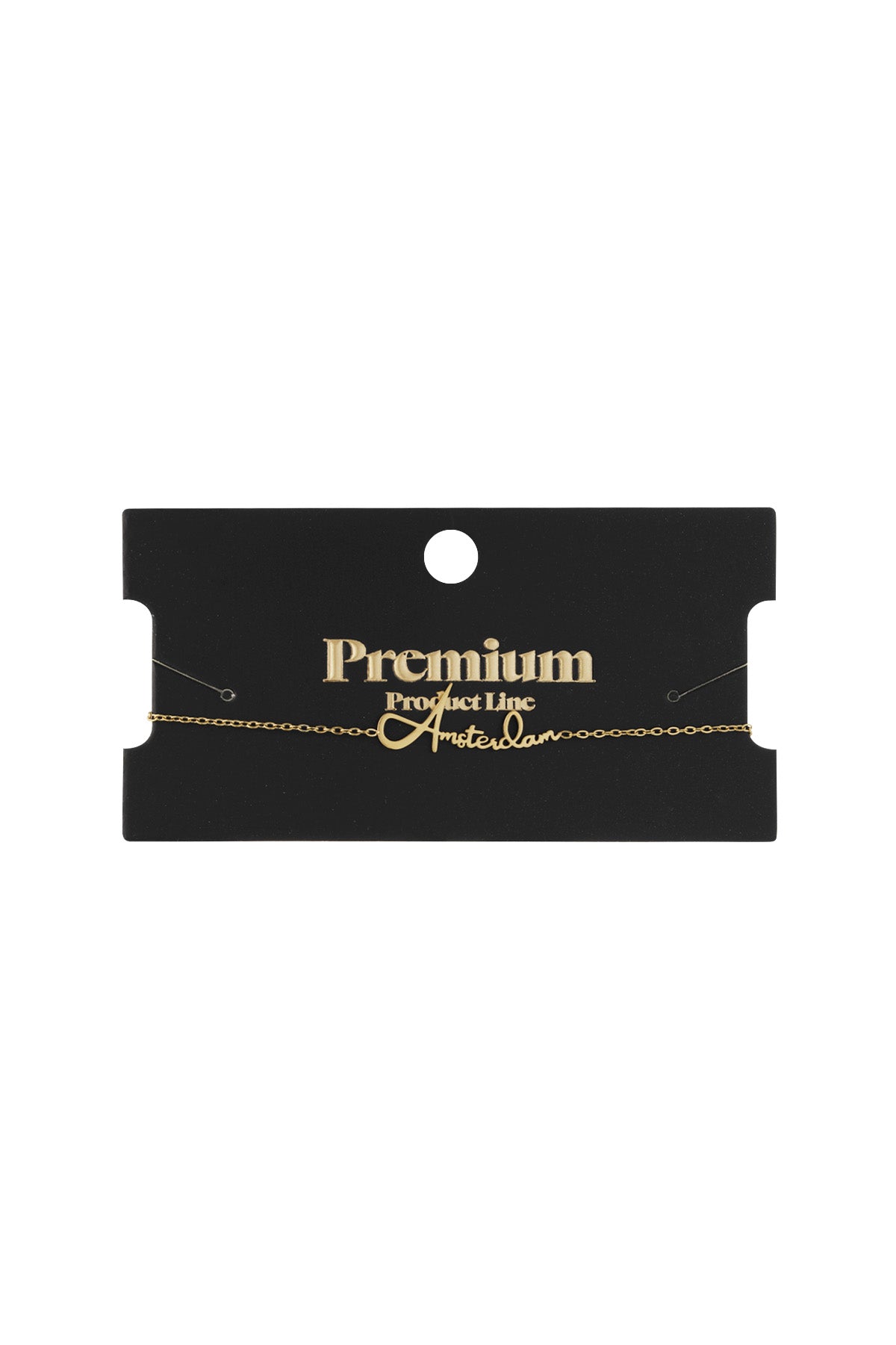 Gold Amsterdam Script Bracelet displayed on black premium product packaging