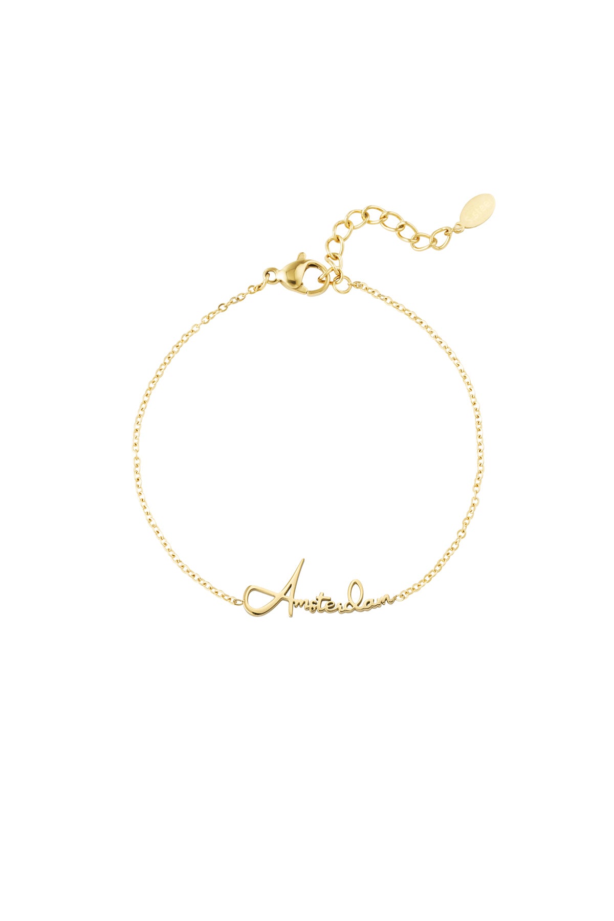 Gold Amsterdam Script Bracelet with delicate chain and adjustable clasp on white background
