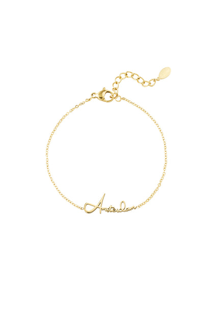 Gold Amsterdam Script Bracelet with delicate chain and adjustable clasp on white background