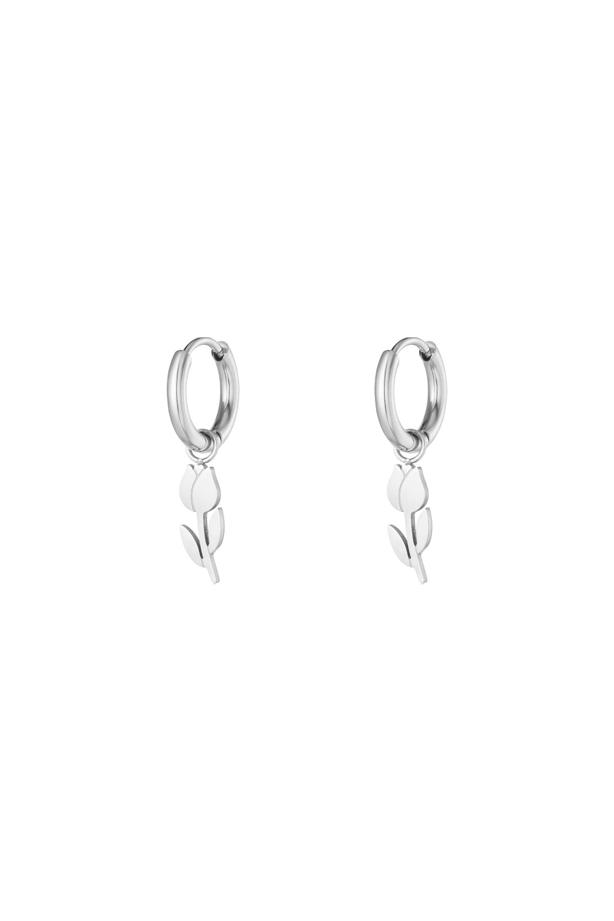 Pair of silver minimalist tulip drop hoop earrings on white background