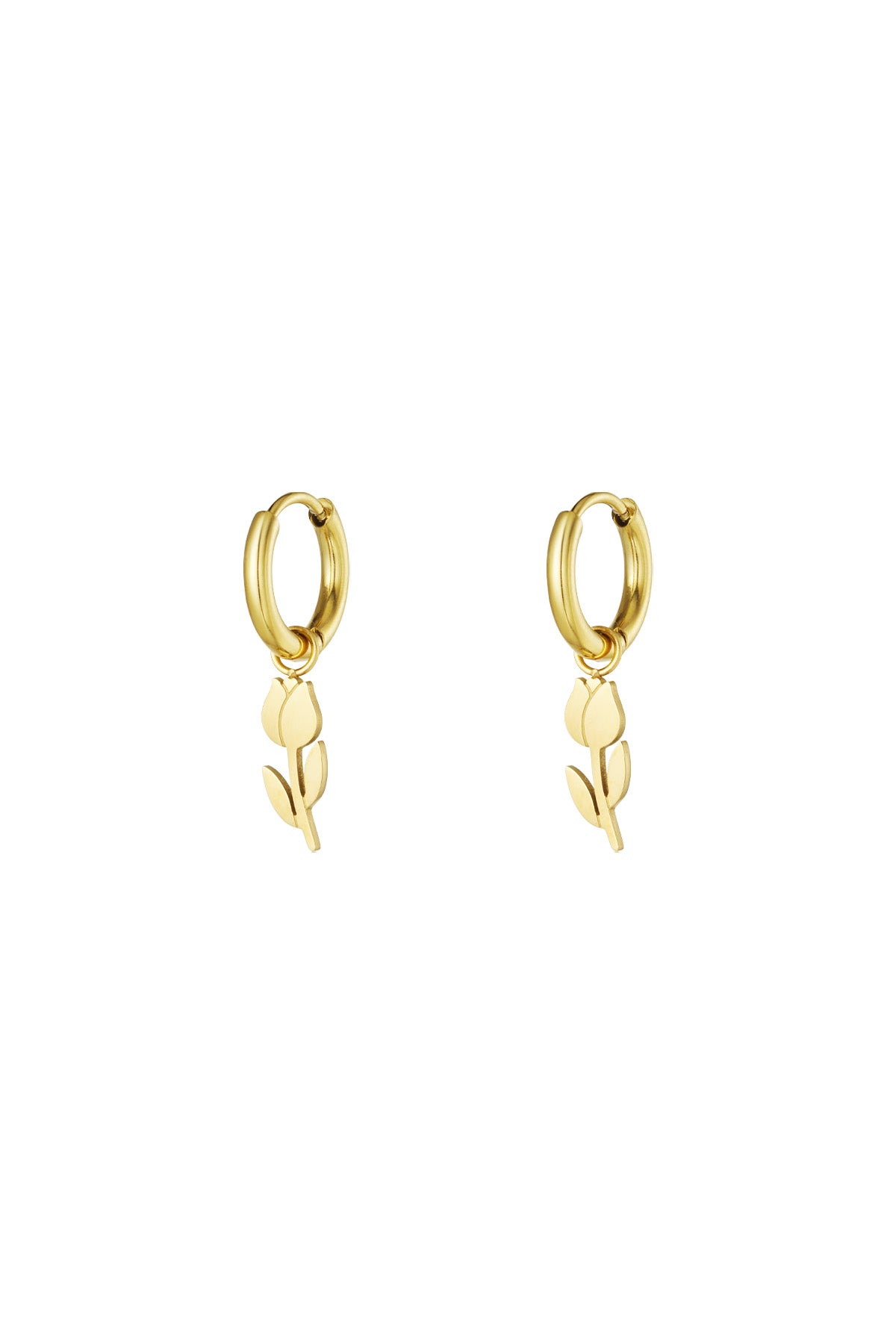 Pair of gold minimalist tulip drop hoop earrings on white background