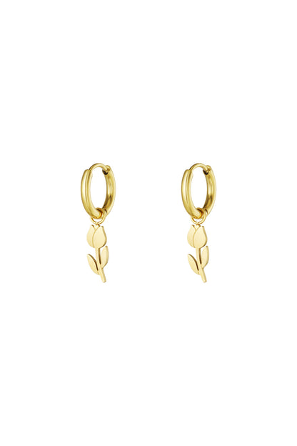 Pair of gold minimalist tulip drop hoop earrings on white background