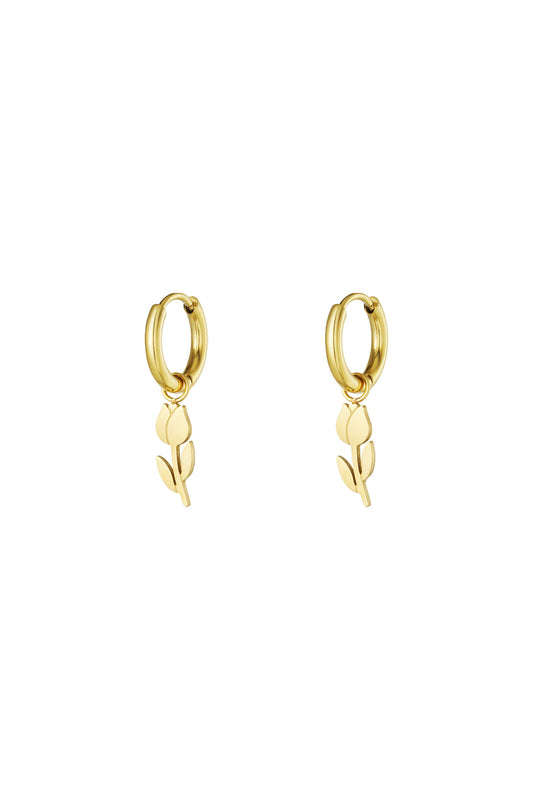 Pair of gold minimalist tulip drop hoop earrings on white background