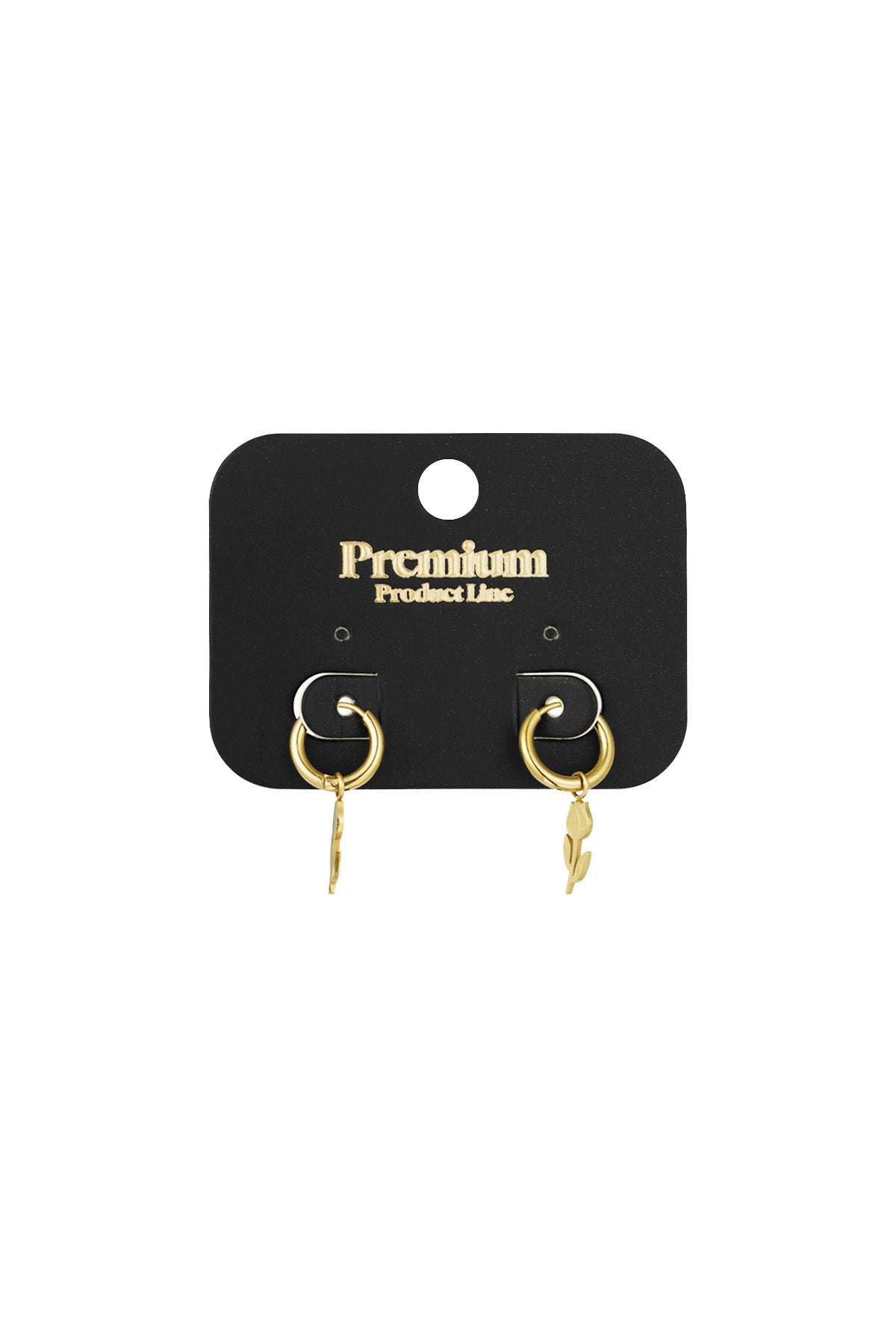 Gold minimalist tulip drop hoop earrings displayed on black Premium Product Line card