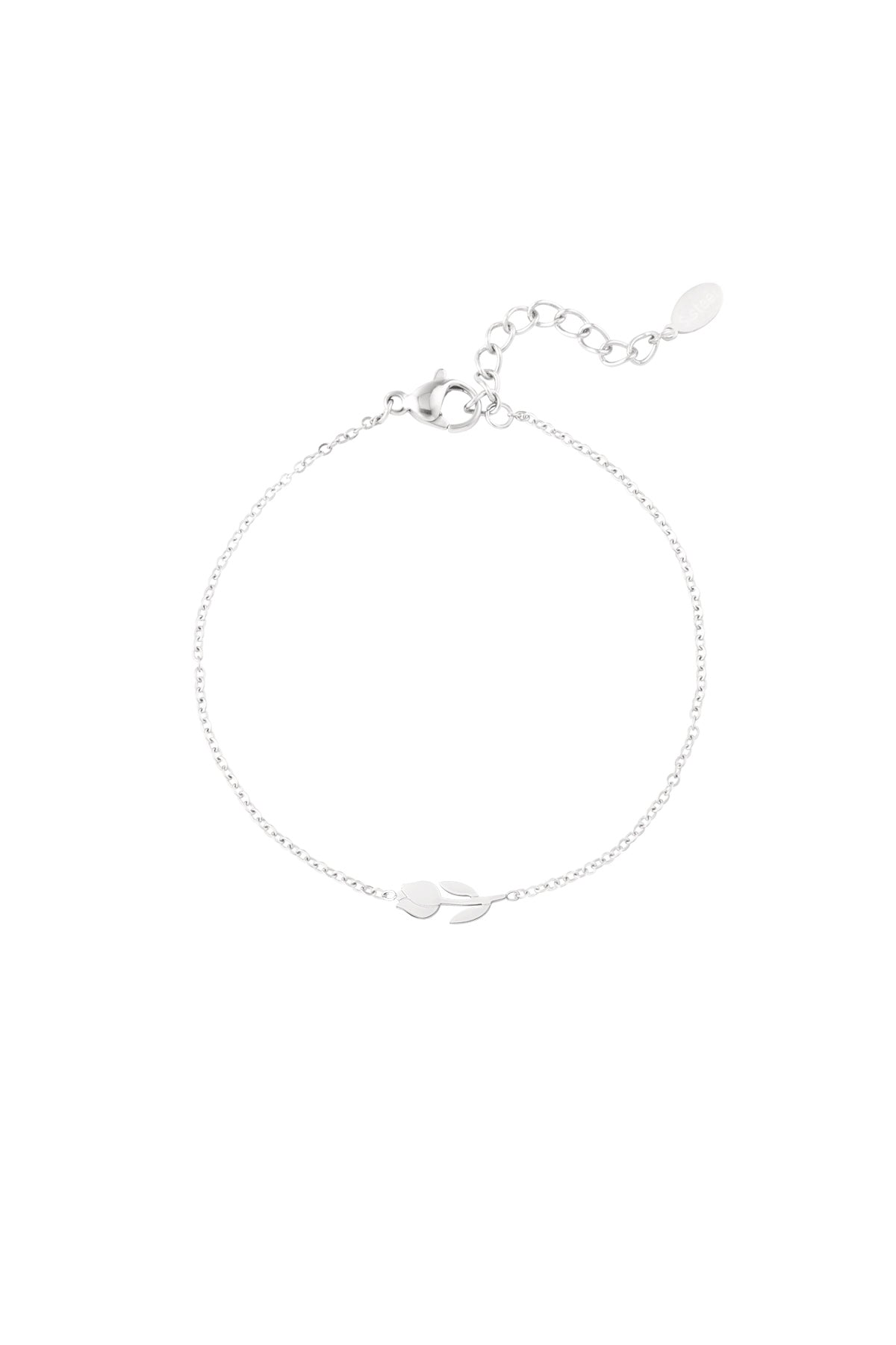Silver tulip charm bracelet with chain extender and lobster clasp on a plain white background