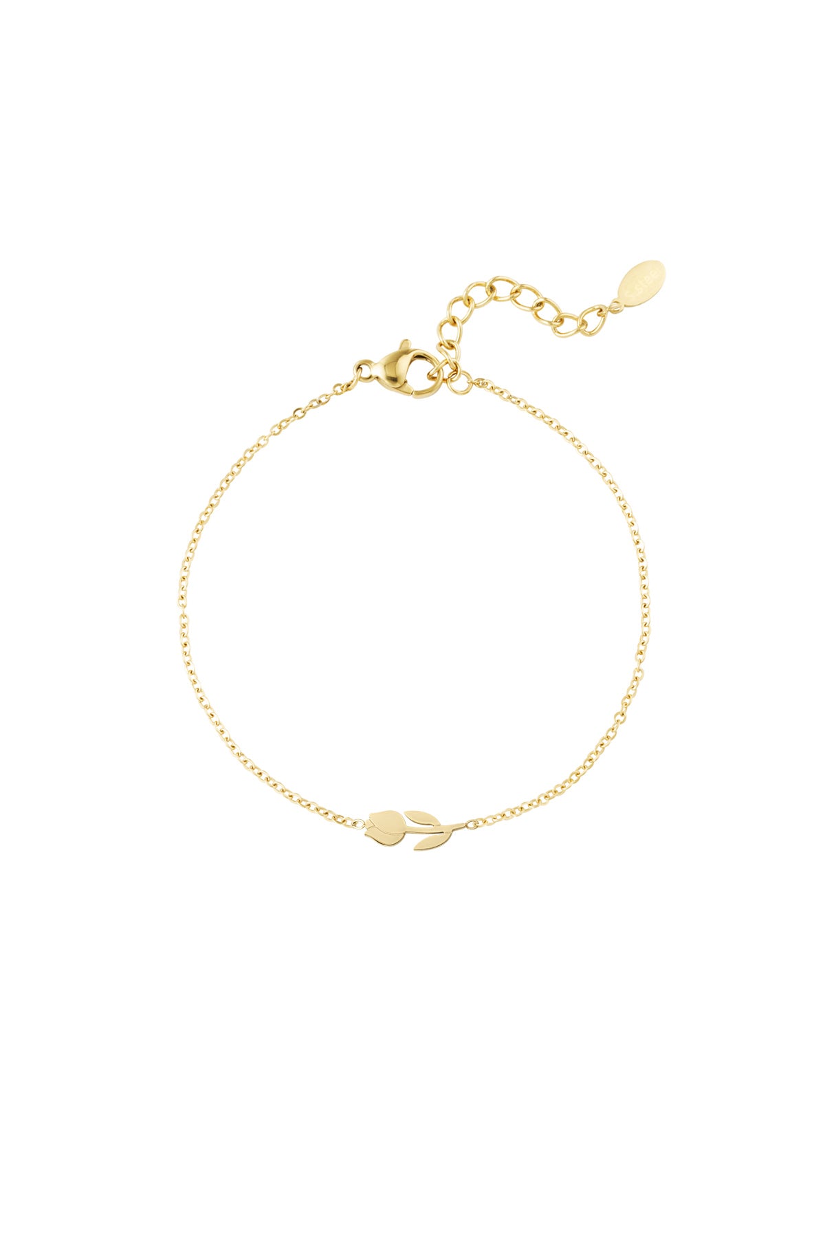Close-up of a delicate gold tulip charm bracelet with chain extender and lobster clasp on white background