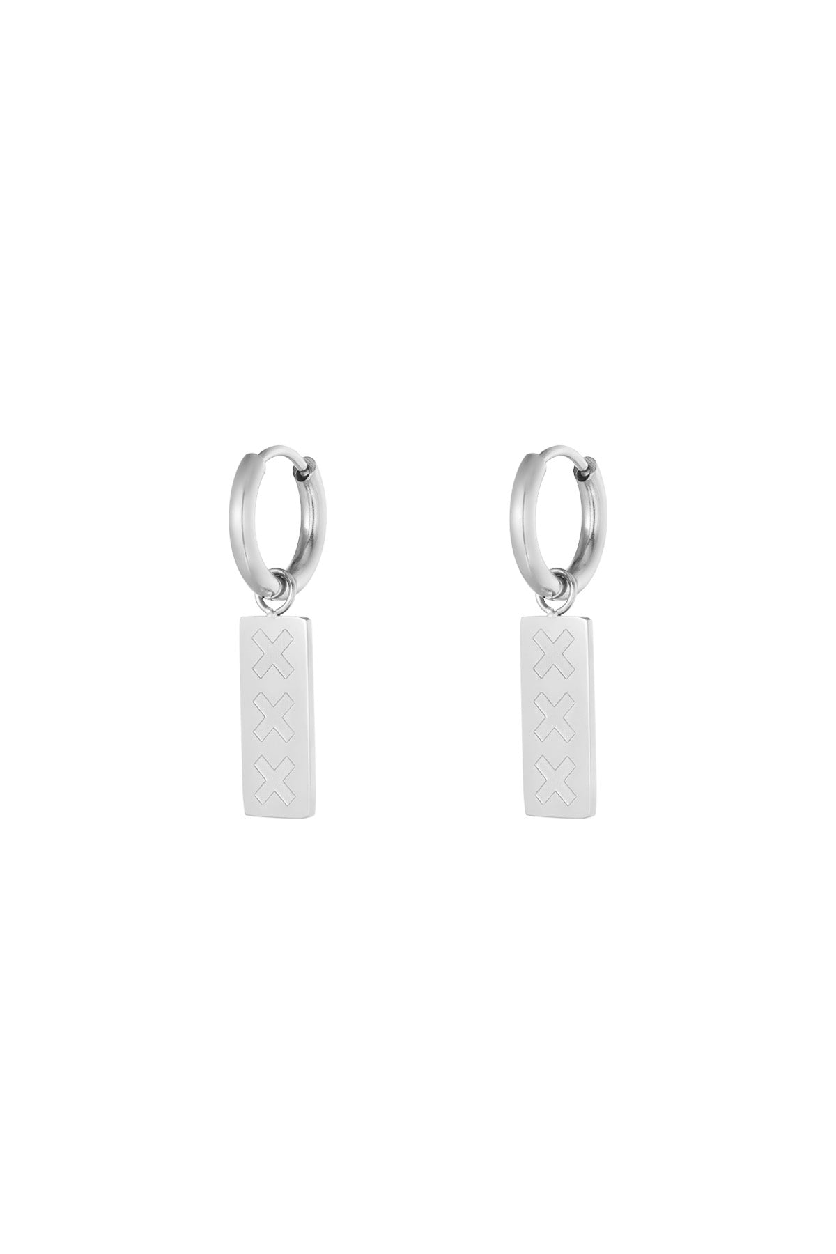 Silver Amsterdam minimalist drop earrings with triple X engraved rectangular pendants on hoop hooks
