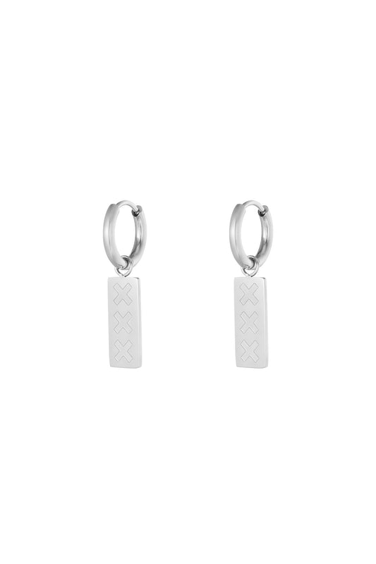 Silver Amsterdam minimalist drop earrings with triple X engraved rectangular pendants on hoop hooks