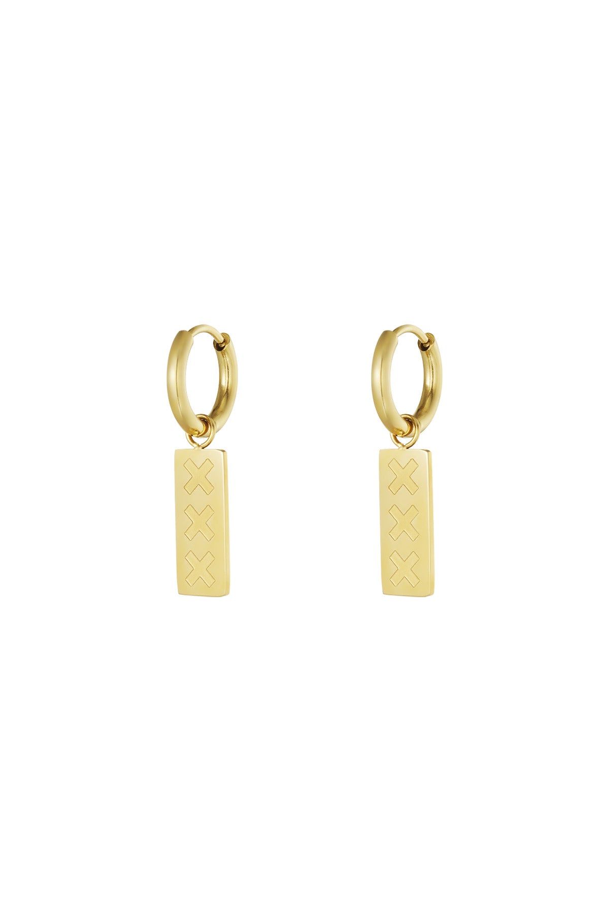 Gold Amsterdam minimalist drop earrings with triple X engraved rectangular pendants displayed on white background