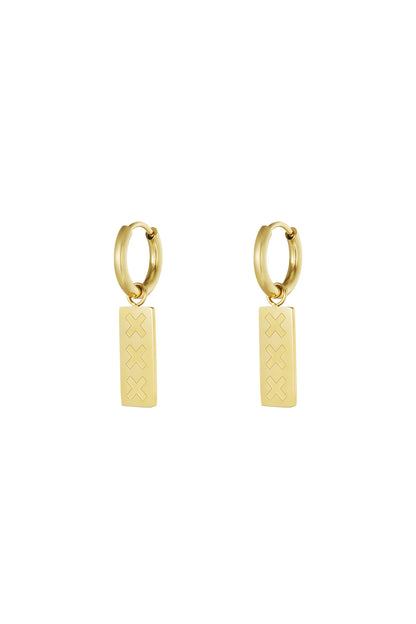 Gold Amsterdam minimalist drop earrings with triple X engraved rectangular pendants displayed on white background