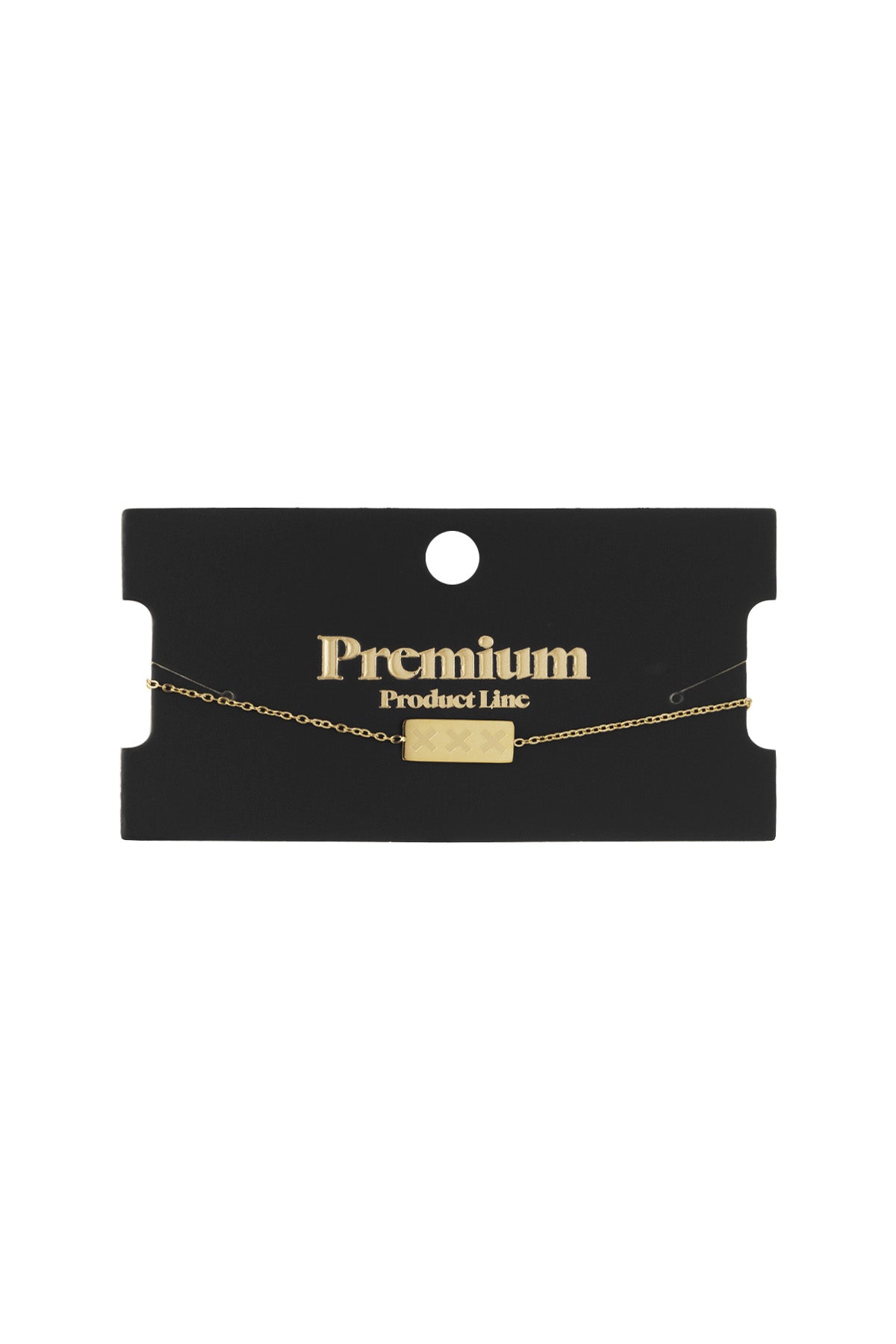 Gold triple X bracelet displayed on black Premium Product Line card
