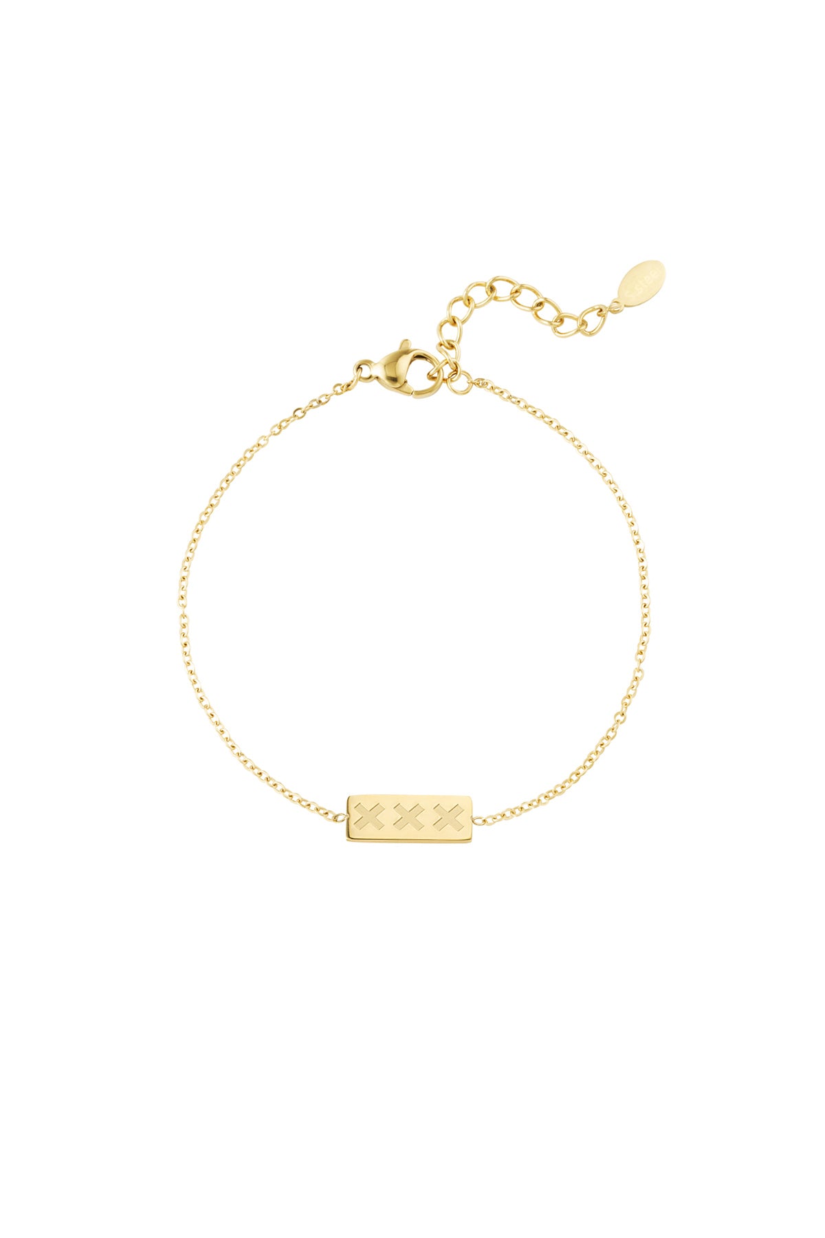 Gold minimalist bracelet with triple X engraved rectangular pendant isolated on white background