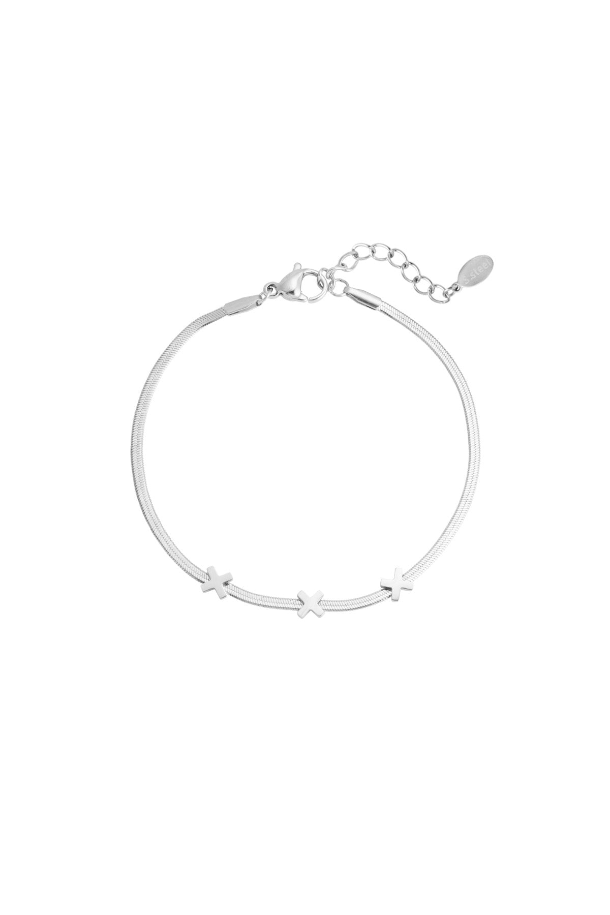 Silver triple X charm bracelet with smooth chain and lobster clasp on white background