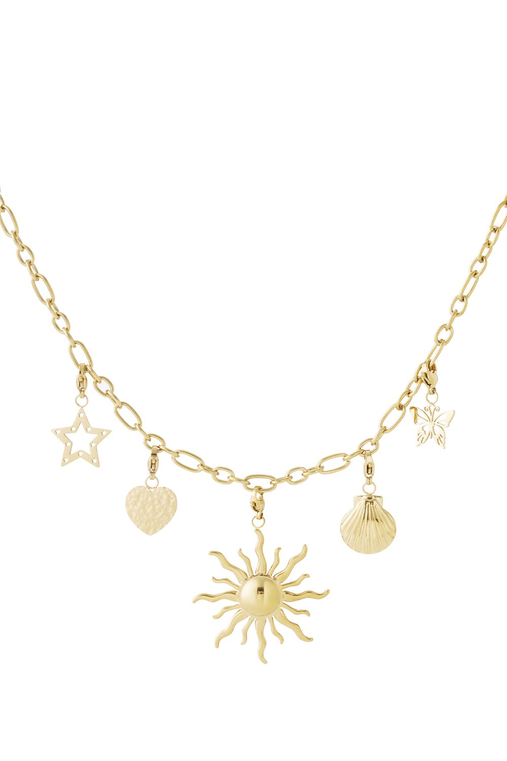 Golden Glow Up charm necklace featuring a large sun, heart, seashell, star, and butterfly charms in polished gold metal.
