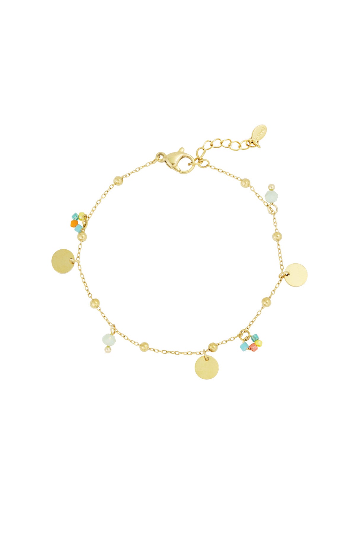 Gold-tone bracelet with small round beads, colourful bead clusters, and three flat coin charms on a white background