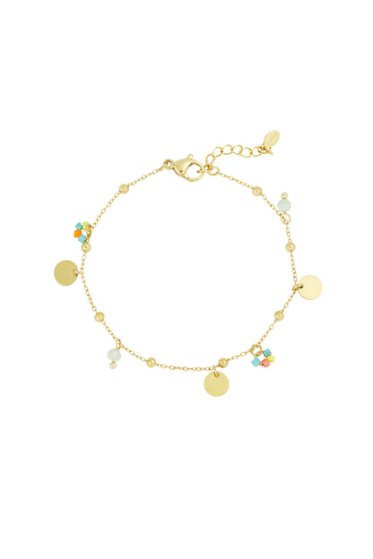 Gold-tone bracelet with small round beads, colourful bead clusters, and three flat coin charms on a white background