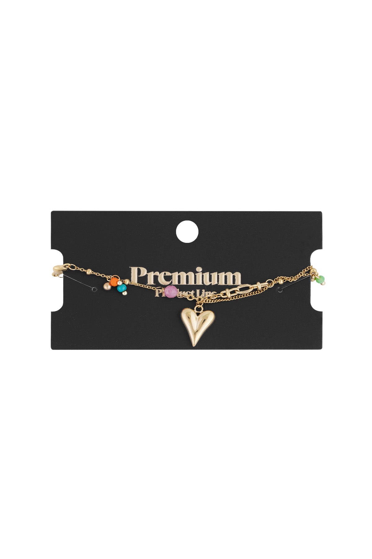 Golden charm bracelet displayed on a black 'Premium Product Line' card with vibrant colour beads and heart charm