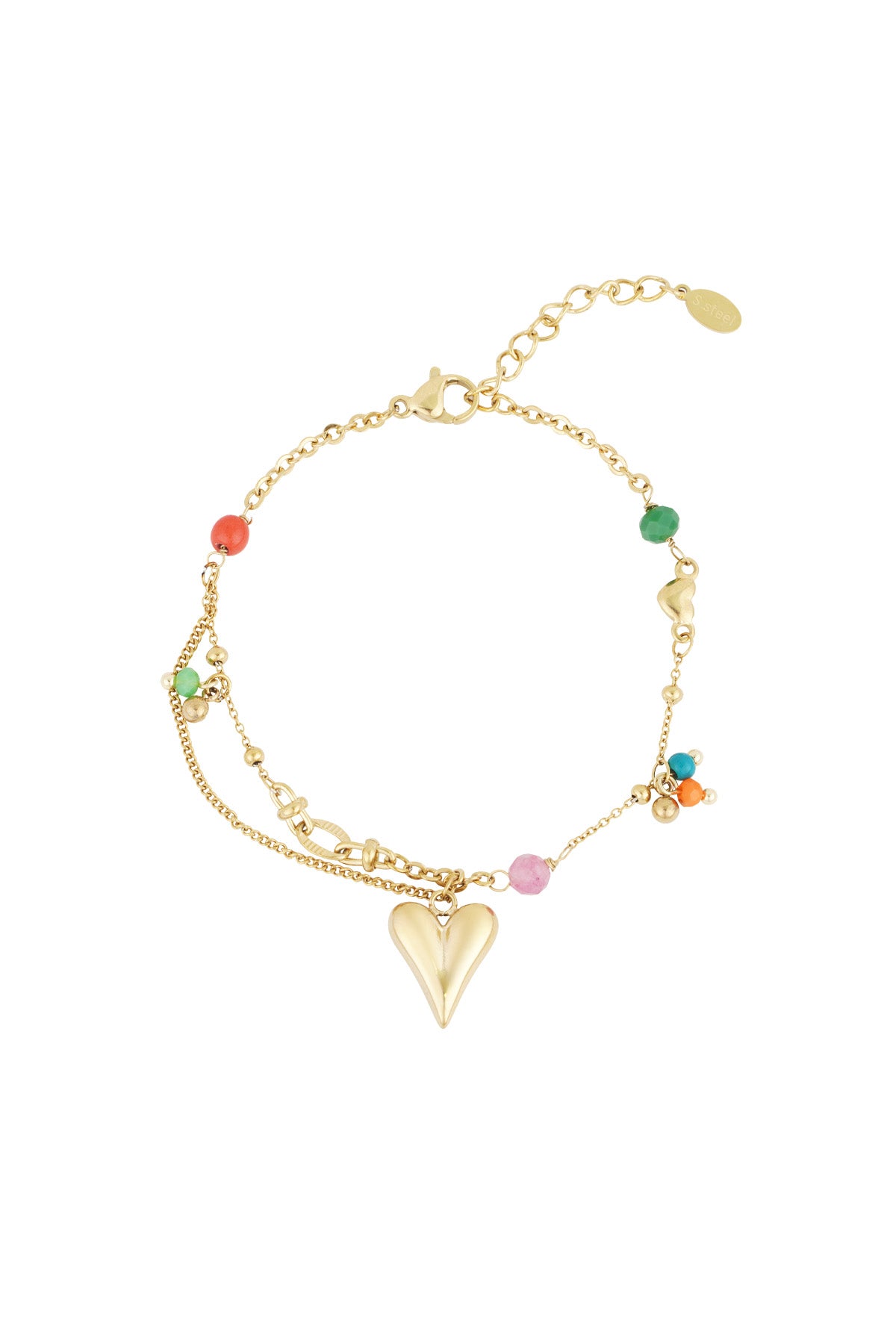 Golden charm bracelet featuring a heart pendant and colourful beads on a white background