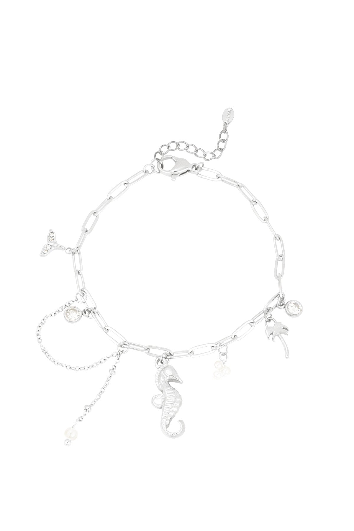 Silver charm bracelet displayed on black card labelled Premium Product Line with ocean-themed charms