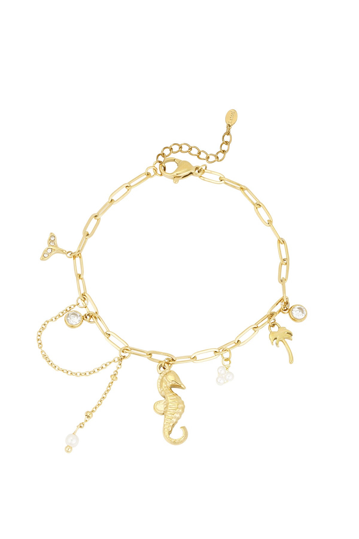 Gold ocean-themed charm bracelet with seahorse, palm tree, pearl and crystal charms on link chain