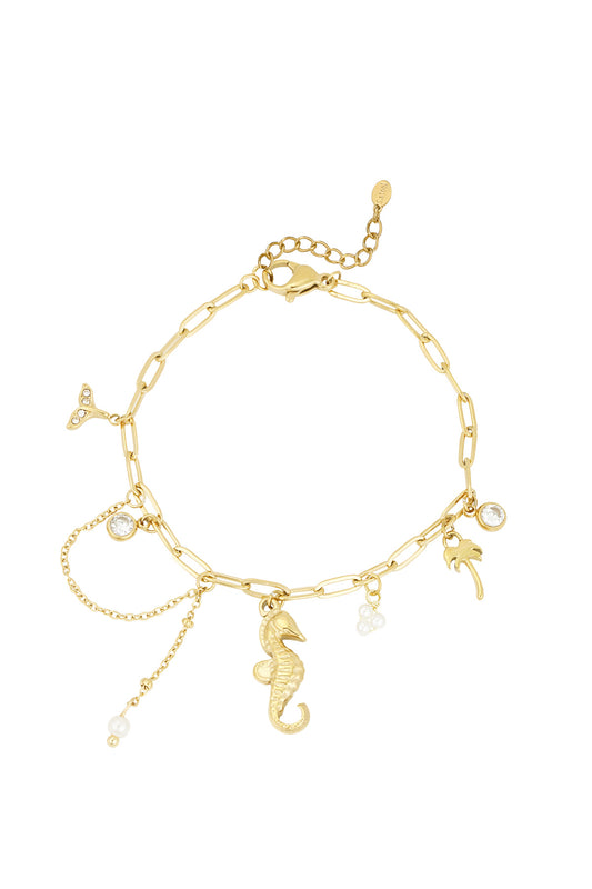 Gold ocean-themed charm bracelet with seahorse, palm tree, pearl and crystal charms on link chain