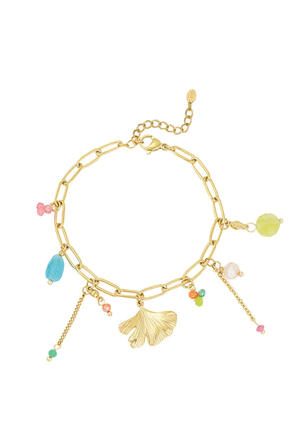 Gold-tone link bracelet with multicoloured charms including a textured leaf, vibrant beads and adjustable chain