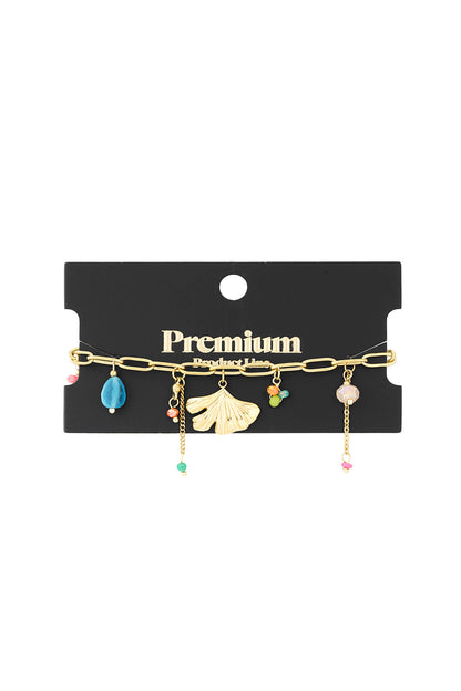 Vivid charm link bracelet displayed on a black Premium product card, showing delicate colourful charms