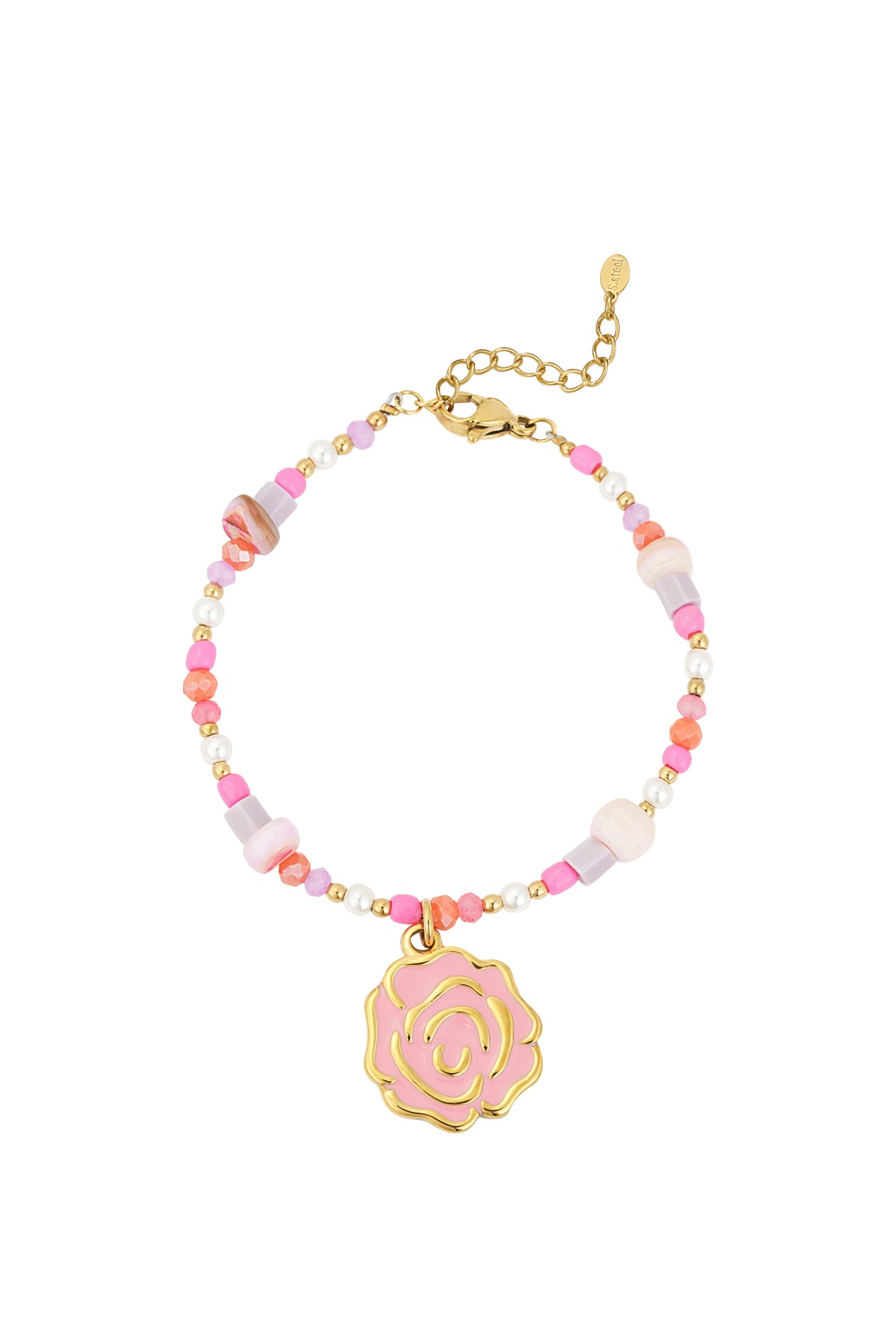 Beaded bracelet with pink rose charm and gold lobster clasp on white background