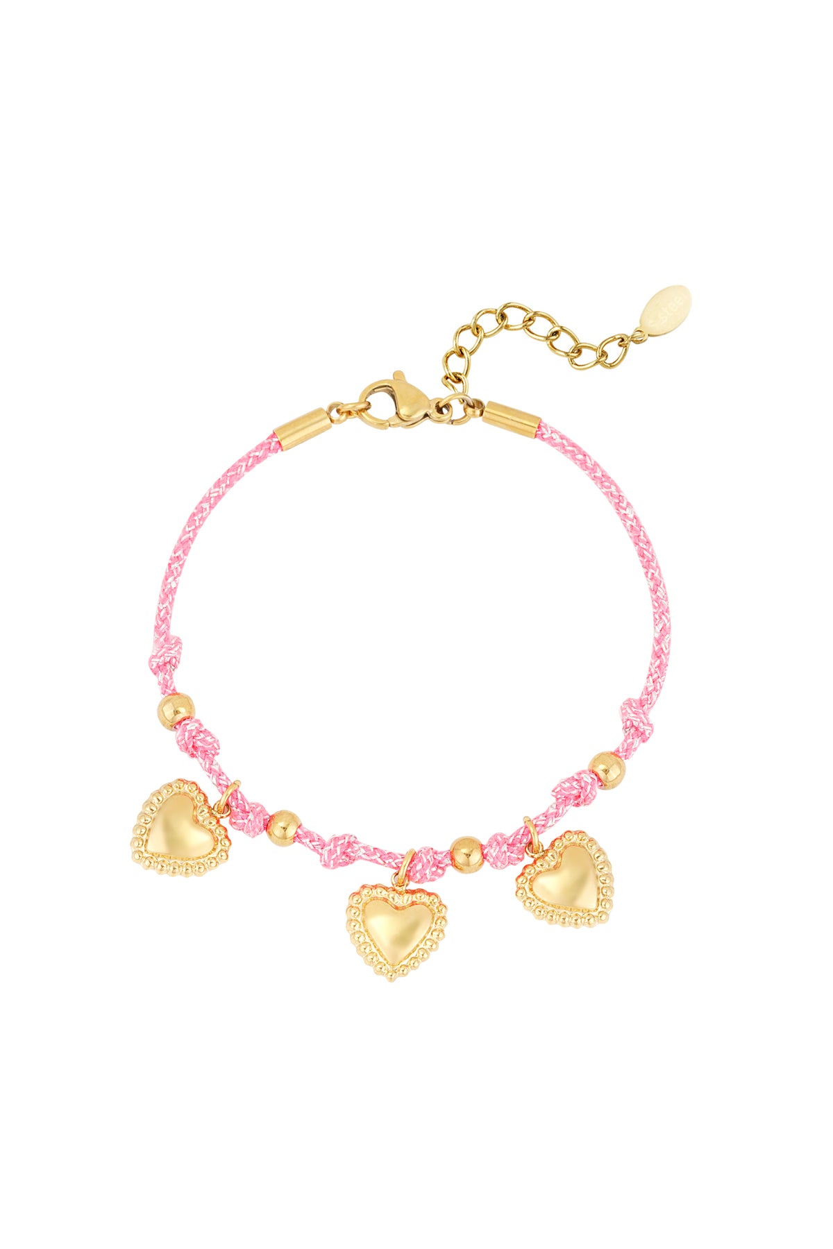 Gold-tone heart charm braided bracelet with pink cord displayed on white background