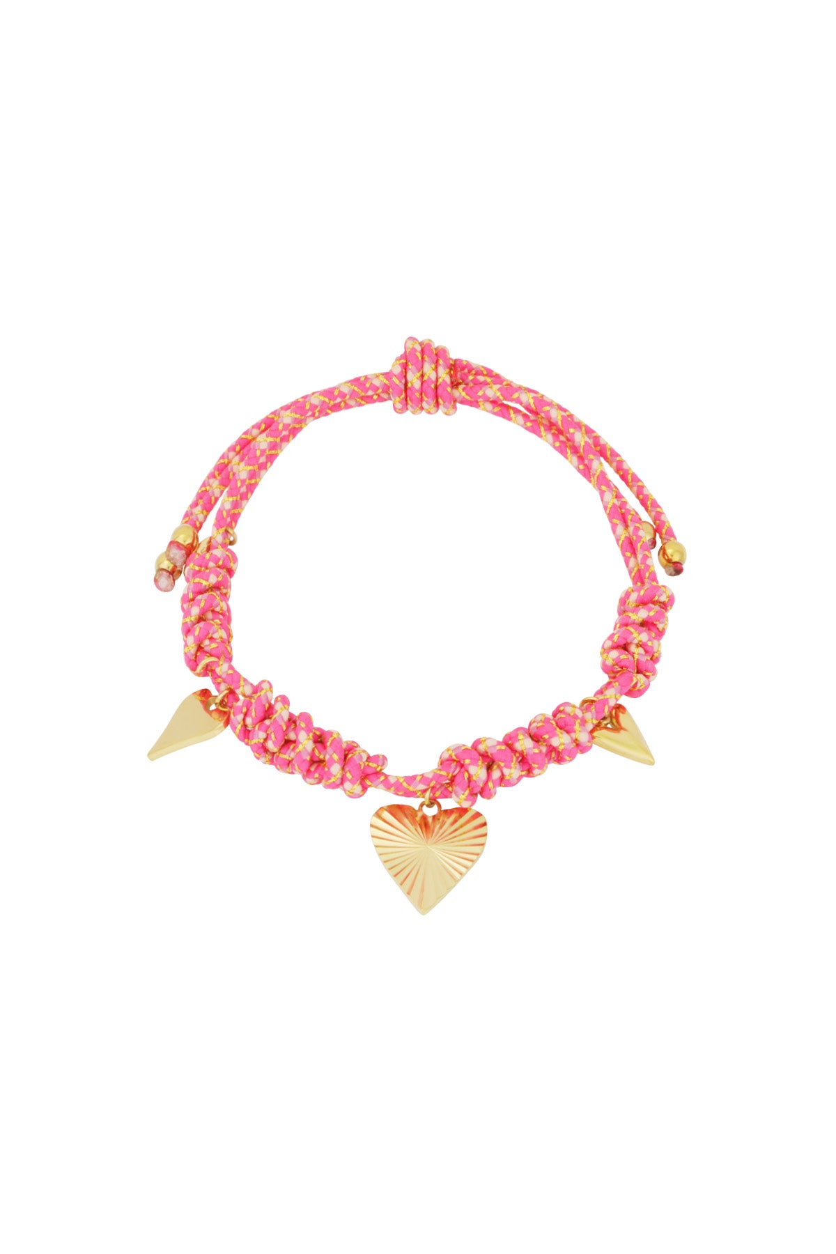Pink braided bracelet with gold-tone heart and spike charms on white background