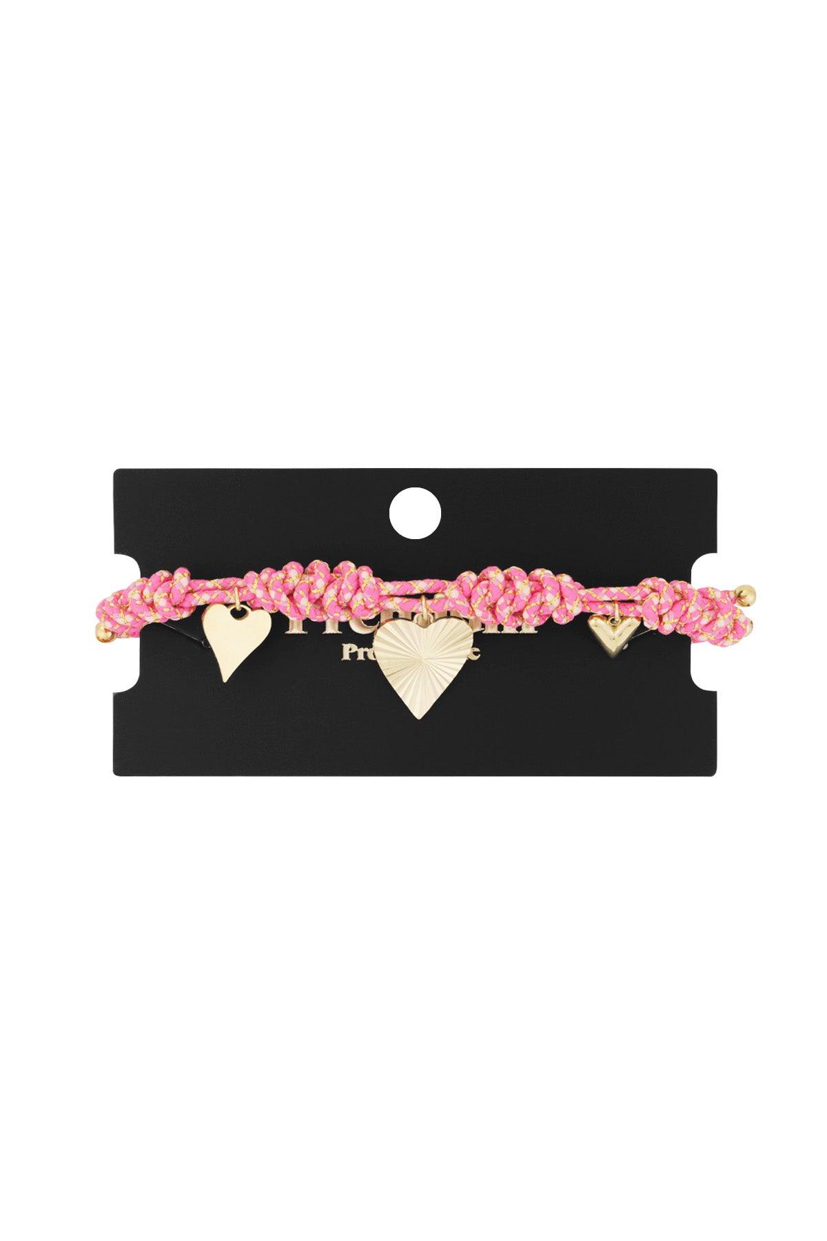 Pink braided bracelet with gold-tone heart charms displayed on black jewelry card