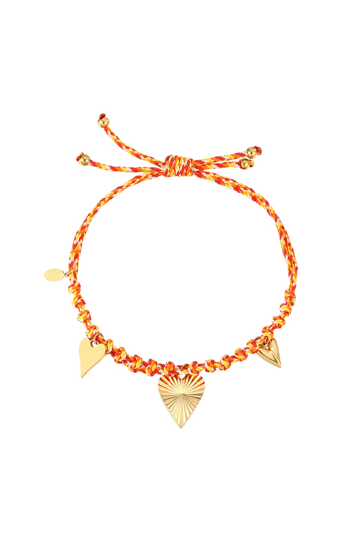 Orange braided bracelet with shiny gold heart and spike charms on white background