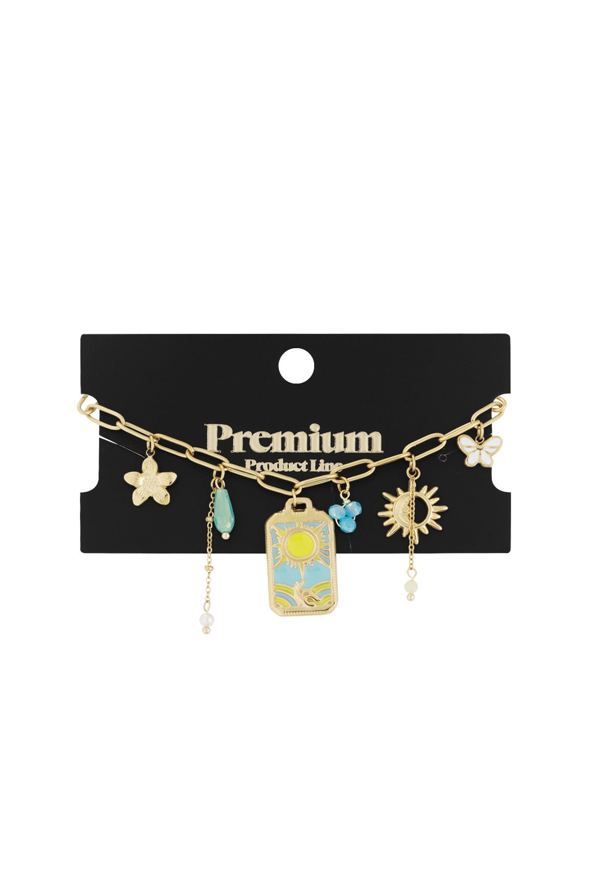 Gold-tone charm bracelet displayed on a black Premium product card showcasing detailed colourful charms