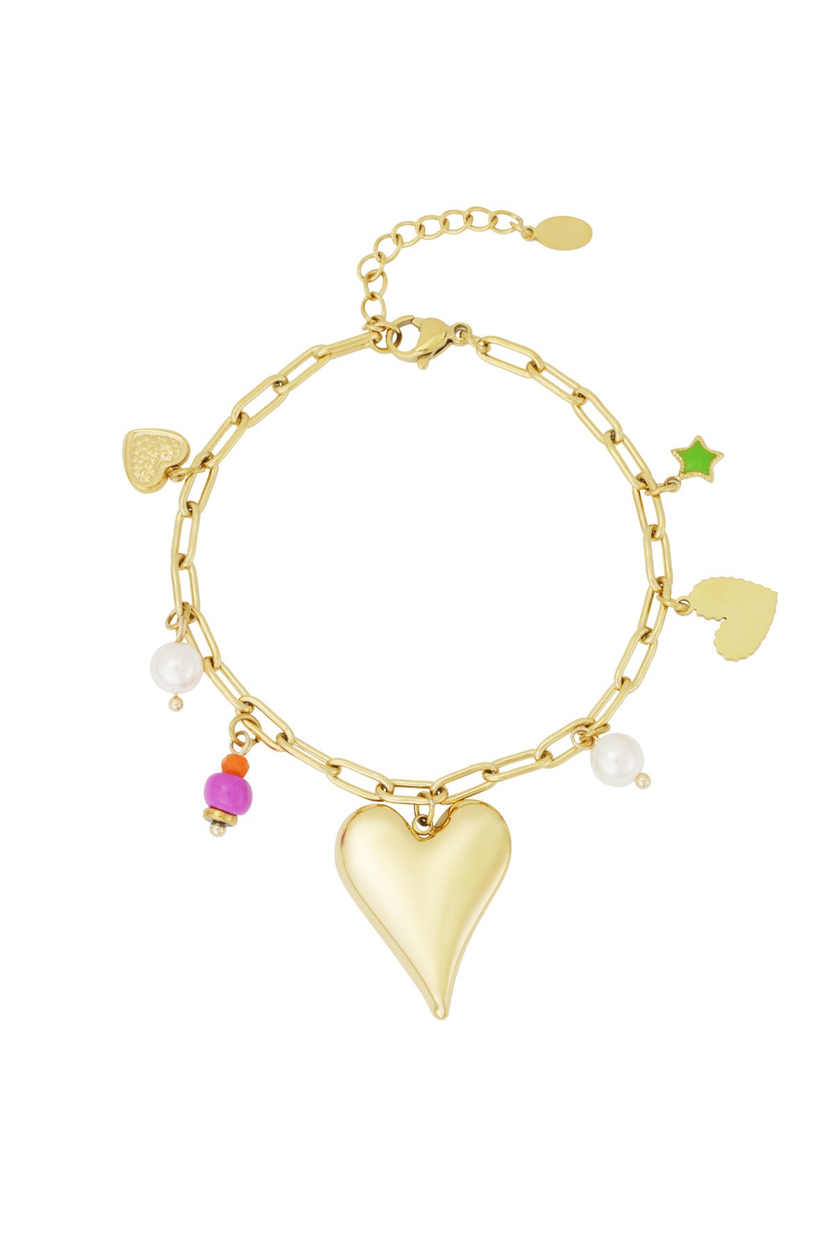 Gold-tone charm bracelet with large heart pendant, colourful beads, enamel star, faux pearls and smaller heart charms on a chain