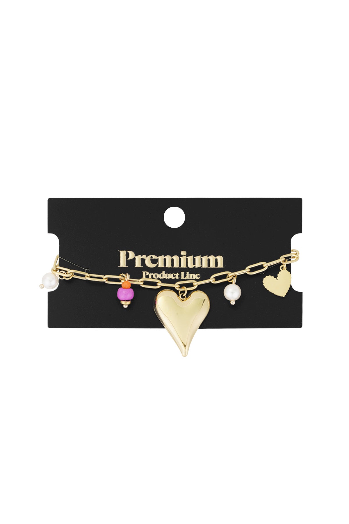 Gold-tone charm bracelet displayed on black premium product card highlighting elegant presentation