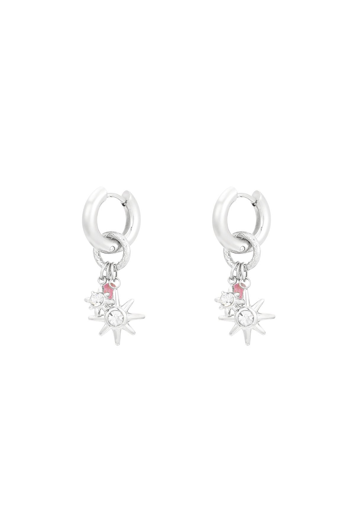 Silver-tone starlight charm hoop earrings with clear rhinestone stars on white background