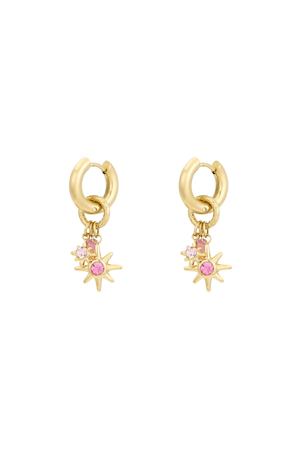 Gold-tone starlight charm hoop earrings with pink rhinestone stars on white background