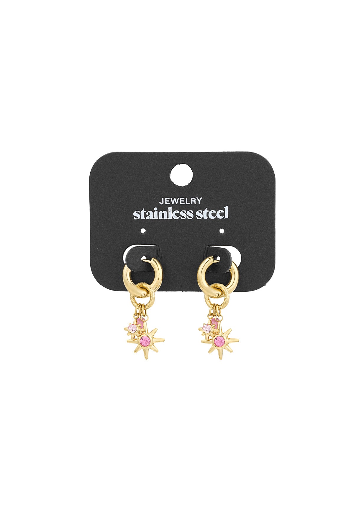Gold-tone starlight charm hoop earrings displayed on a black stainless steel jewelry card