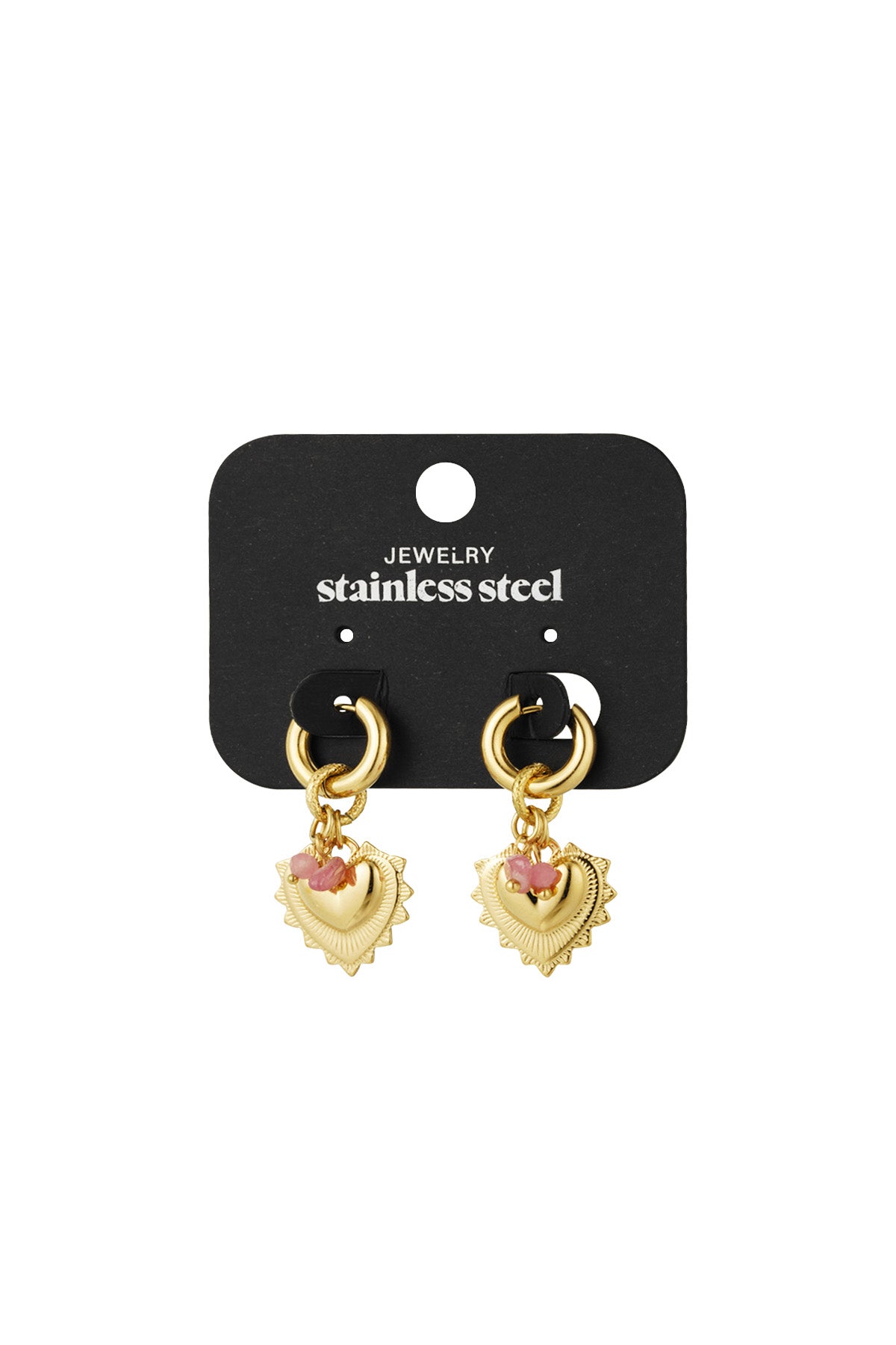 Gold heart charm earrings displayed on a black stainless steel jewellery holder card