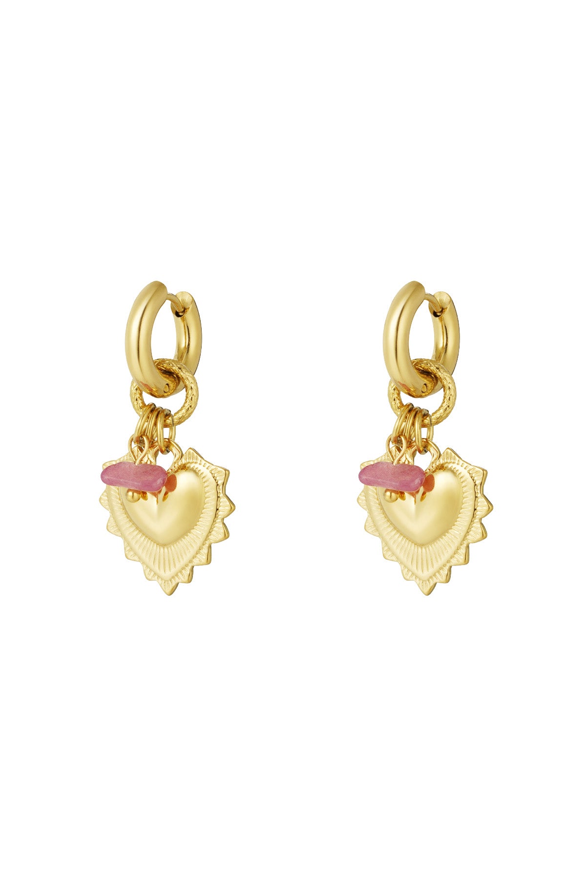 Pair of gold drop earrings featuring heart-shaped charms and small pink stone beads