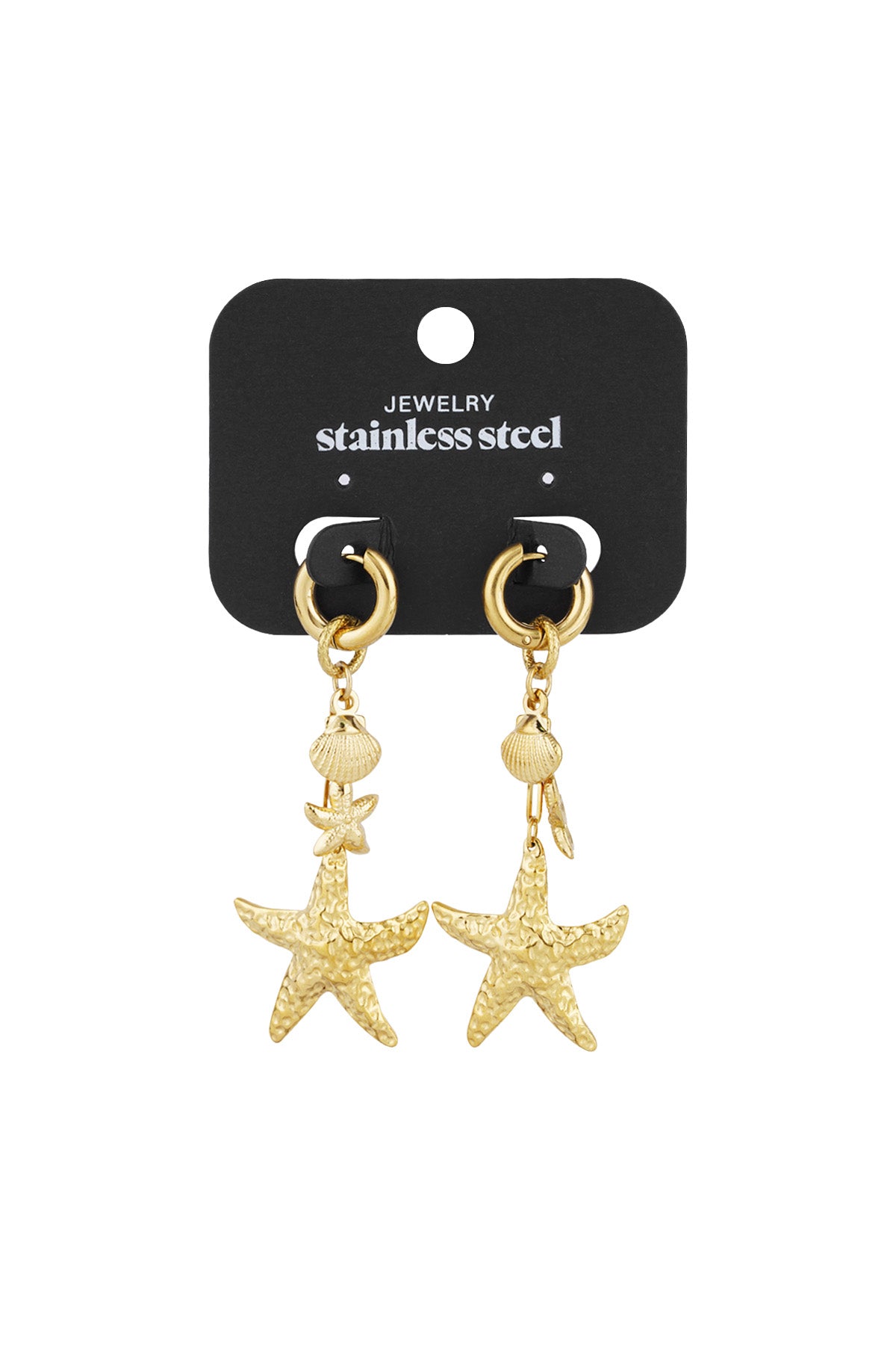 Gold-tone starfish and seashell drop earrings attached to a black card labeled stainless steel jewelry