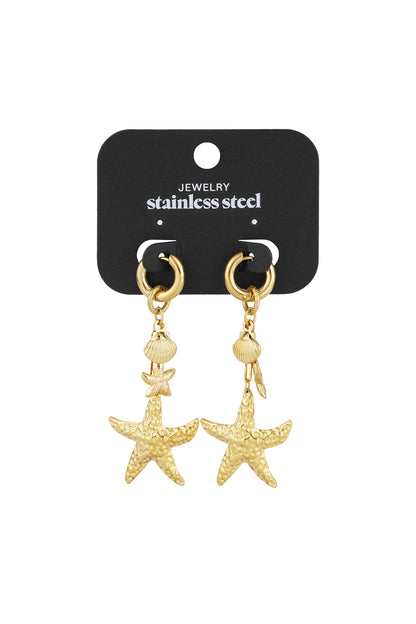 Gold-tone starfish and seashell drop earrings attached to a black card labeled stainless steel jewelry