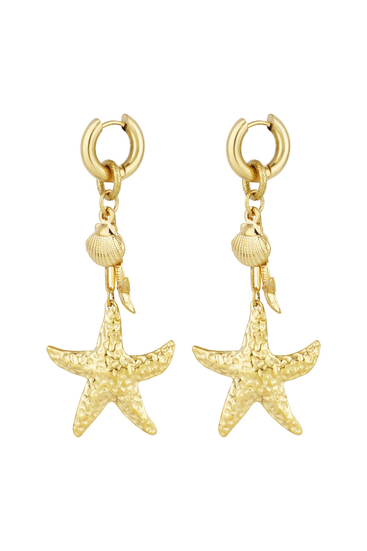 Pair of gold-tone hammered starfish and seashell drop earrings on white background