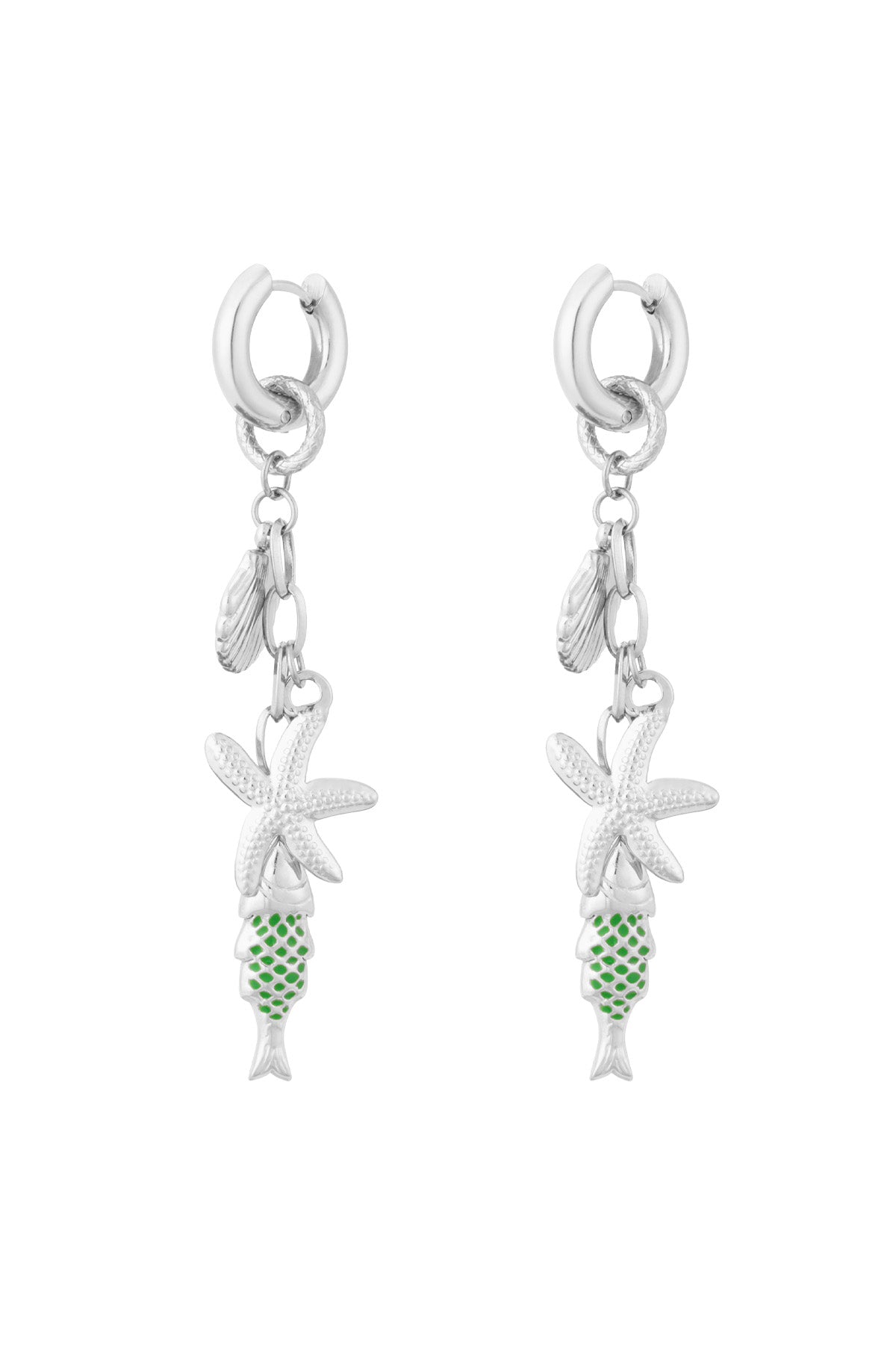 Pair of silver-tone drop earrings featuring starfish, seashell and green enamel fish charms on white background