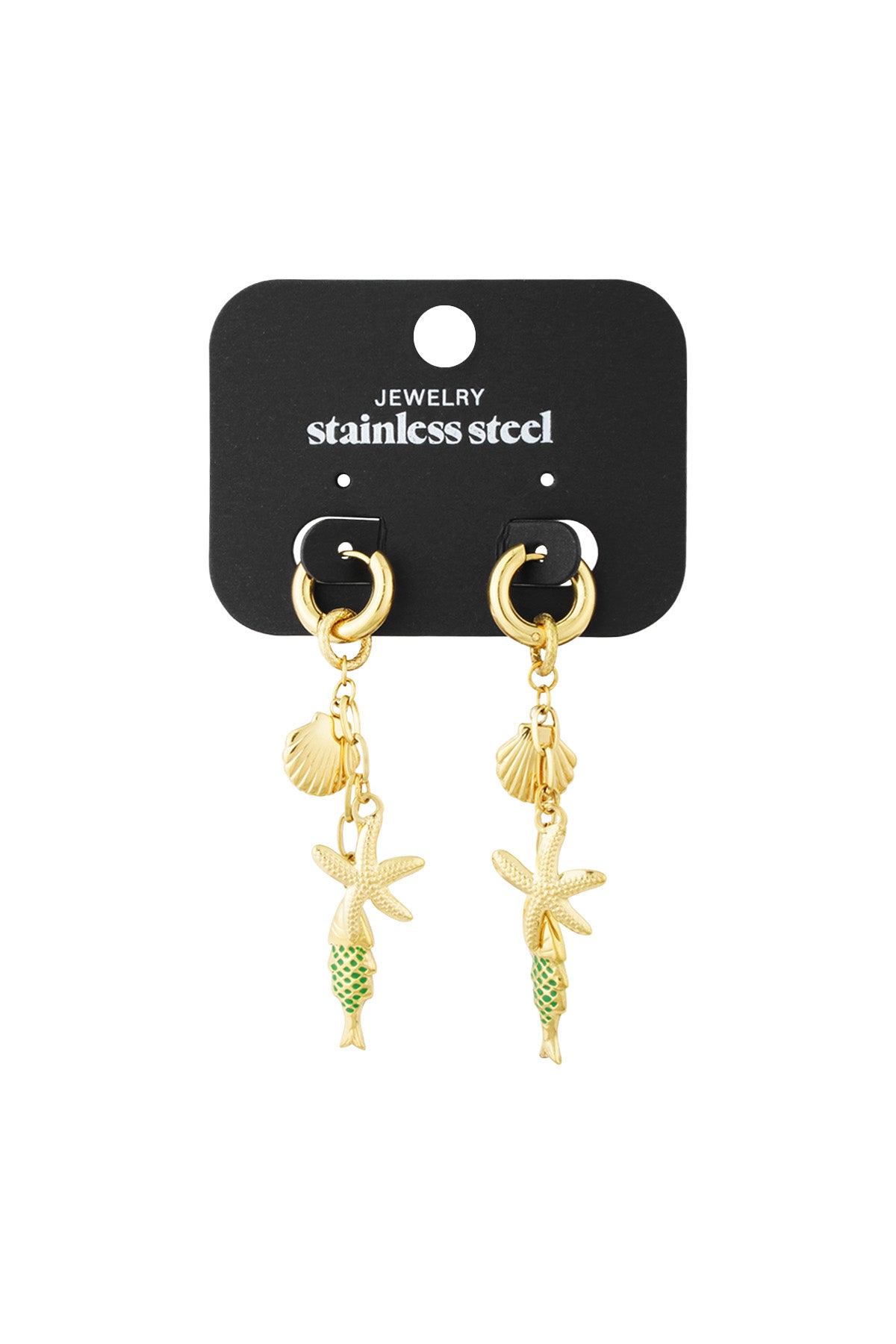 Gold-tone sea charm drop earrings hanging on black jewelry display card labeled stainless steel