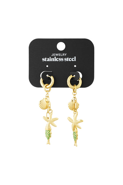Gold-tone sea charm drop earrings hanging on black jewelry display card labeled stainless steel