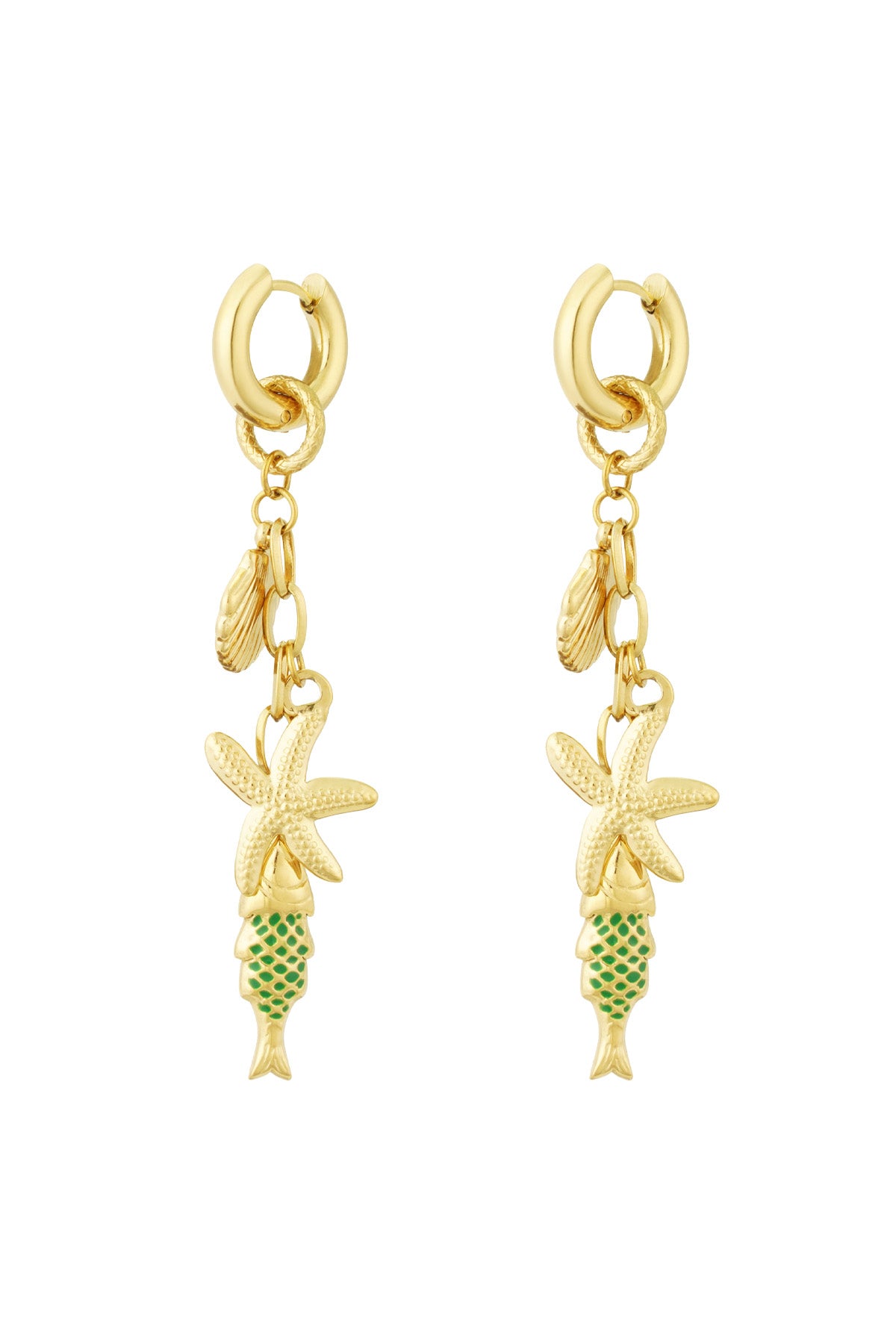 Pair of gold-tone drop earrings featuring starfish, seashell and green enamel fish charms on white background