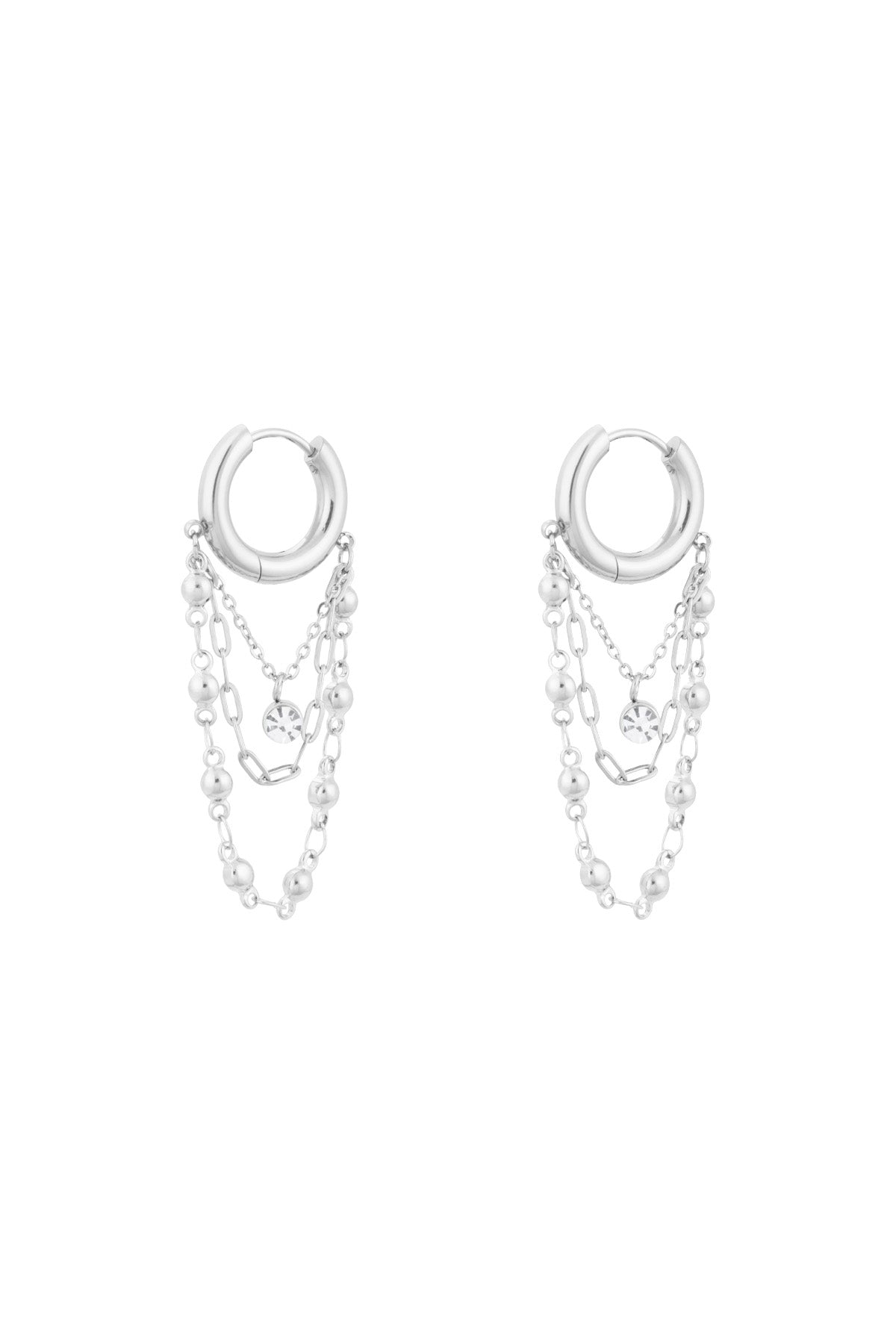 Silver chained hoop drop earrings with triple chains and rhinestone charm on white background